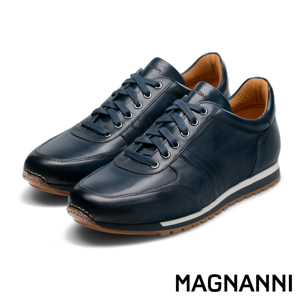 【MAGNANNI】西班牙原廠真皮質感壓線綁帶休閒鞋 藍色(22652-NA)