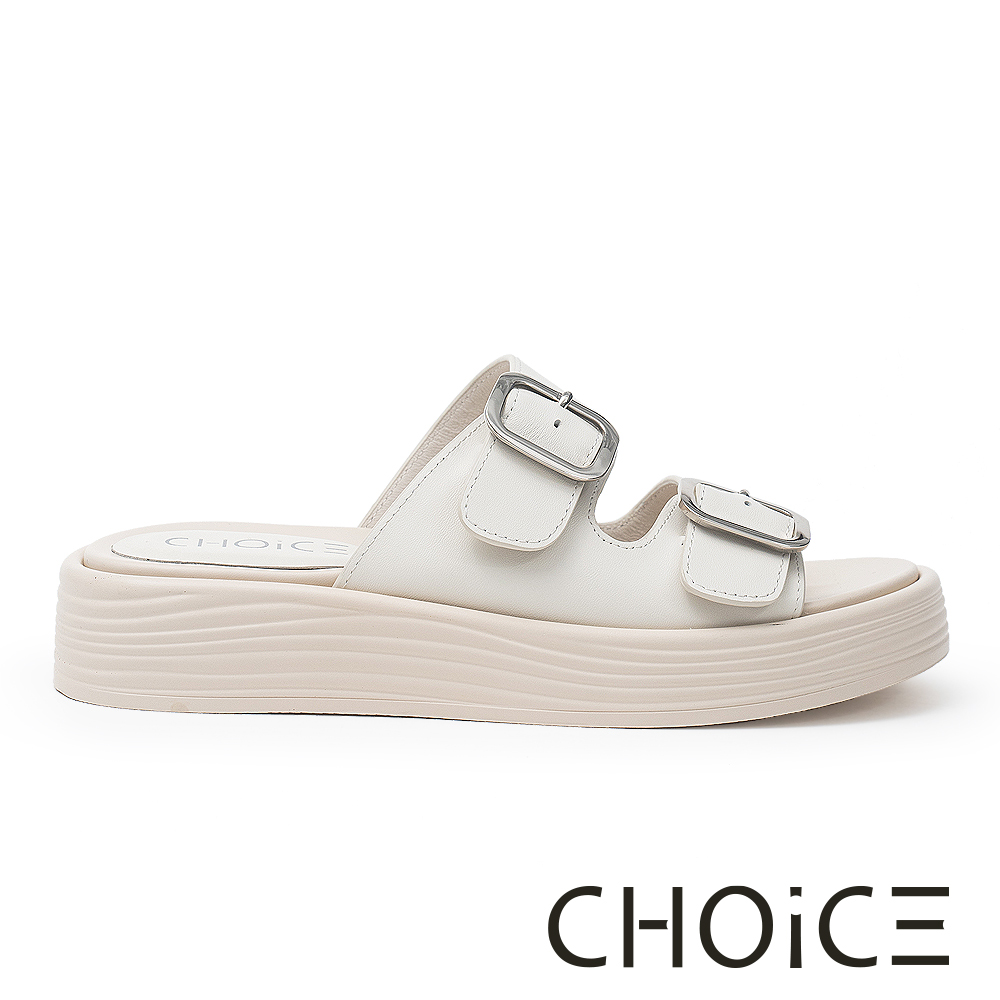 CHOiCE 二字金屬釦寬帶厚底拖鞋 米色 #38009