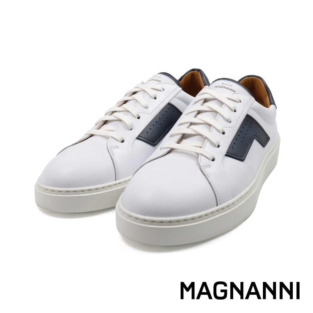 【MAGNANNI】西班牙原廠真皮雙色拼接綁帶休閒鞋 白色 (25349-WH)