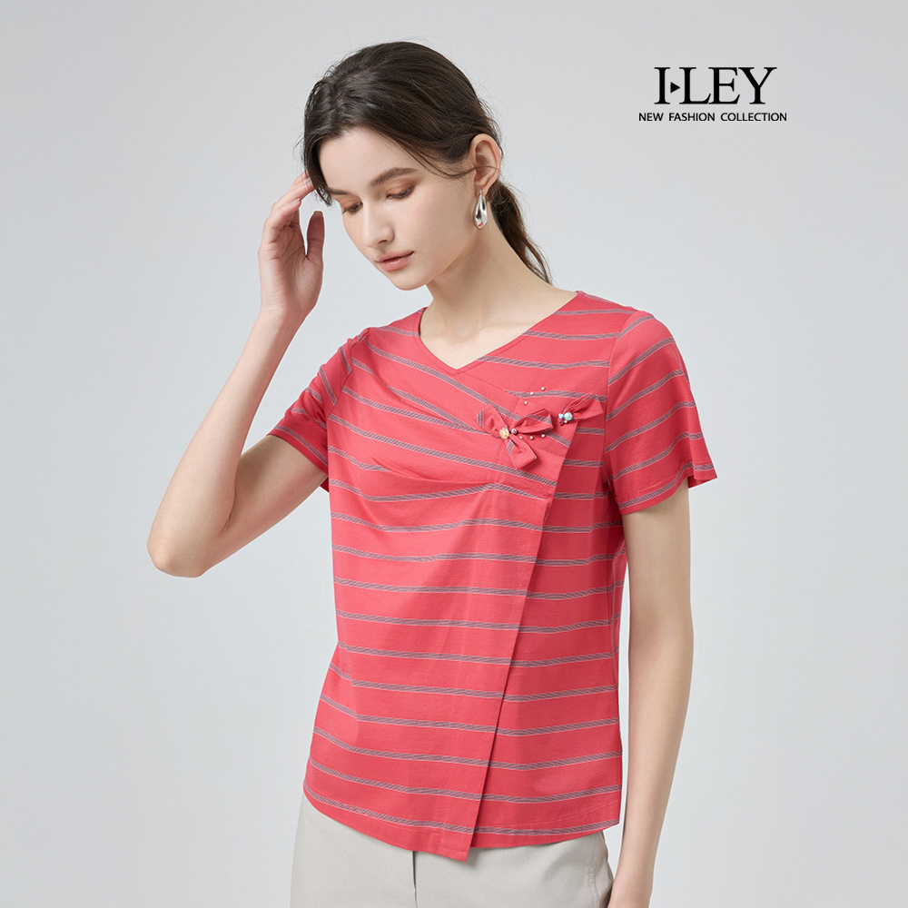 ILEY伊蕾 小V領條紋純棉上衣(淺紅；M-XL)_0