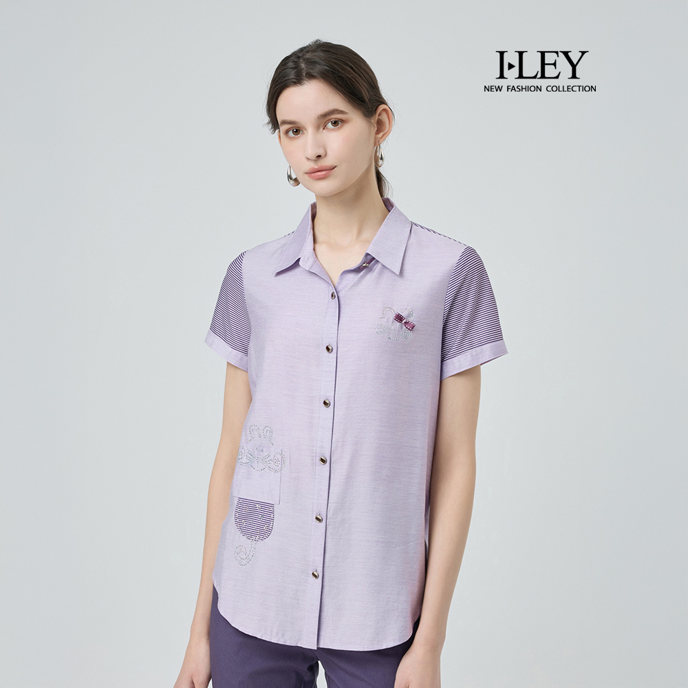 ILEY伊蕾 條紋拼接水鑽造型縲縈襯衫(紫；M-2L)_0