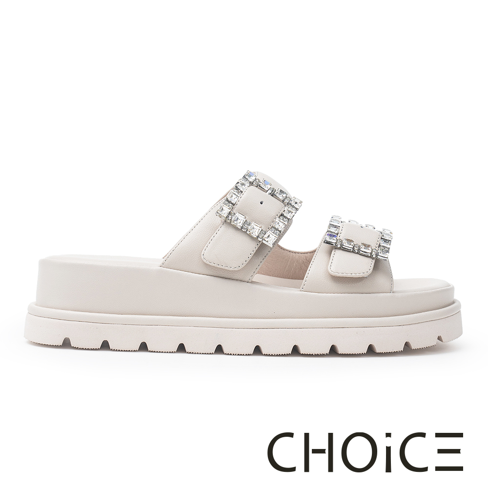 CHOiCE 亮鑽方釦真皮雙寬帶厚底拖鞋 米色 #38017