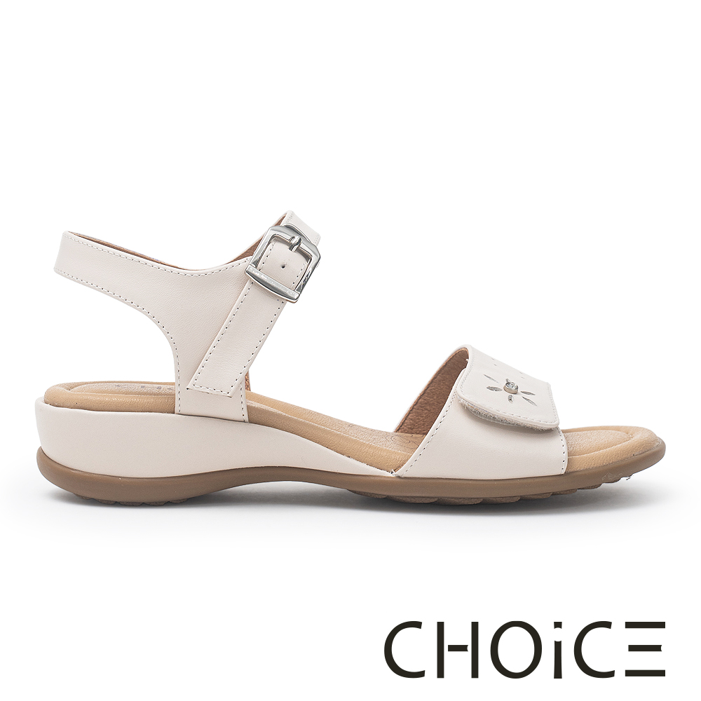 CHOiCE 夏季真皮鏤空小圓鑽飾楔型涼鞋 白色 #38045