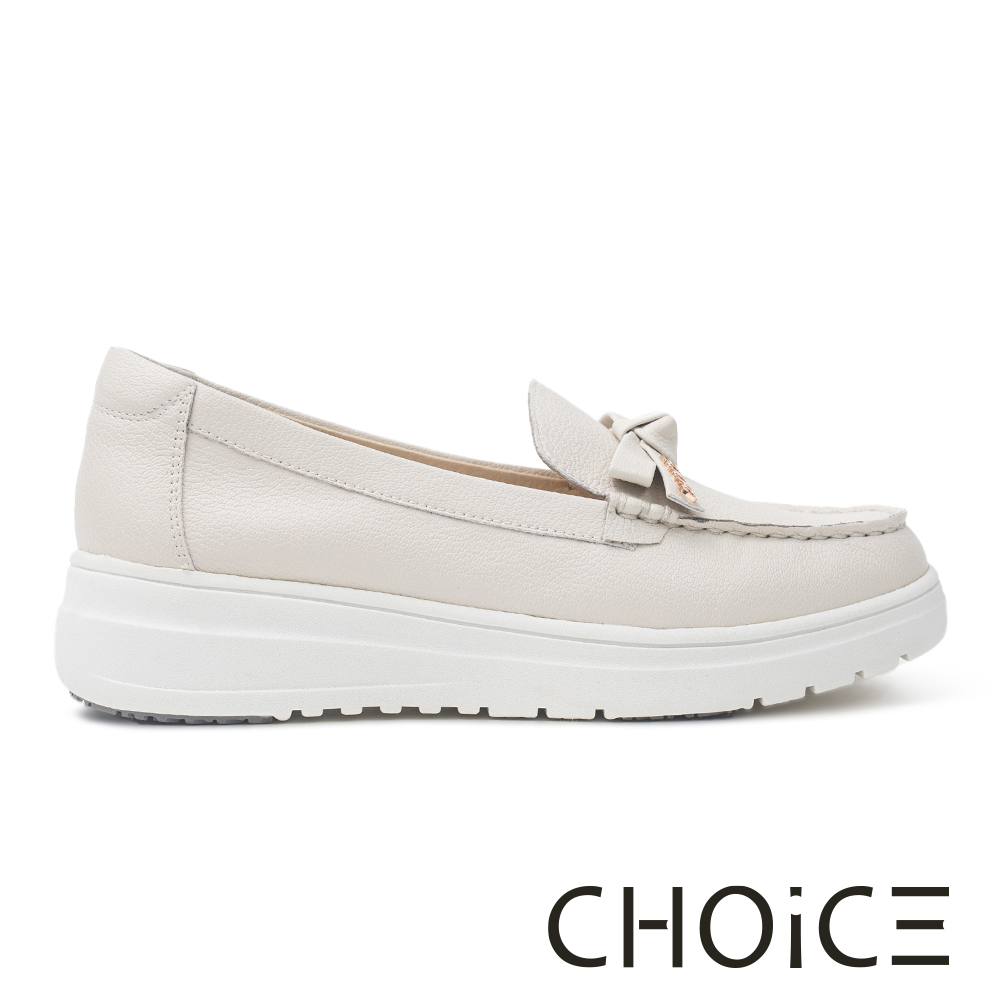 CHOiCE LOGO飾釦蝴蝶結真皮厚底休閒鞋 米色 #38266