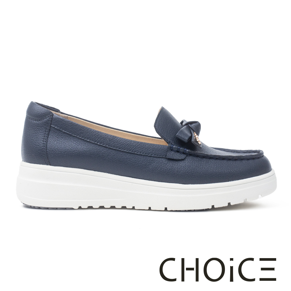 CHOiCE LOGO飾釦蝴蝶結真皮厚底休閒鞋 藍色 #38266