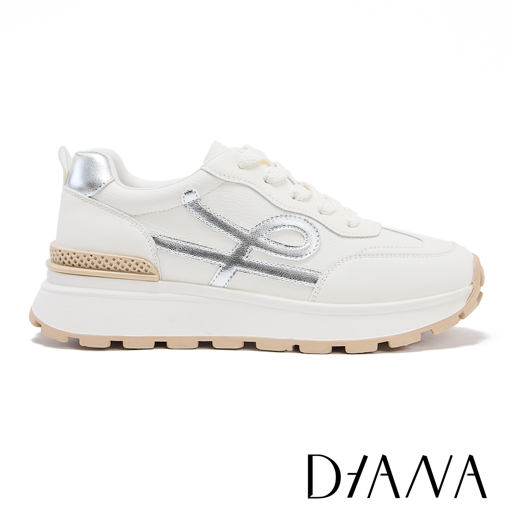 DIANA 真皮撞色線條厚底休閒鞋 米+銀 #55372