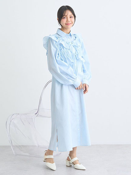 【SET ITEM】條紋襯衫式洋裝+短版荷葉摺邊吊帶背心(01000117600) - earth music&ecology