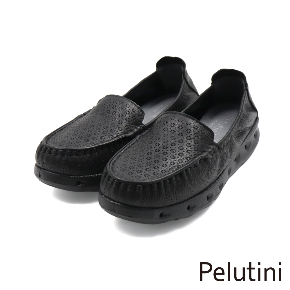 【Pelutini】輕量雕花造型懶人氣墊休閒鞋 黑色(535112W-BL)