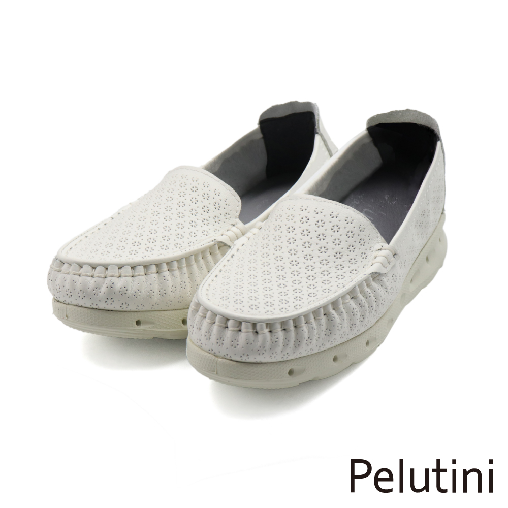 【Pelutini】輕量雕花造型懶人氣墊休閒鞋 白色(535112W-IV)