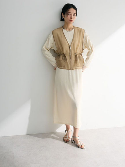 【SET ITEM】透明拉鍊雙口袋背心+袖拼接羅紋長版洋裝(06000238600) - Green Parks