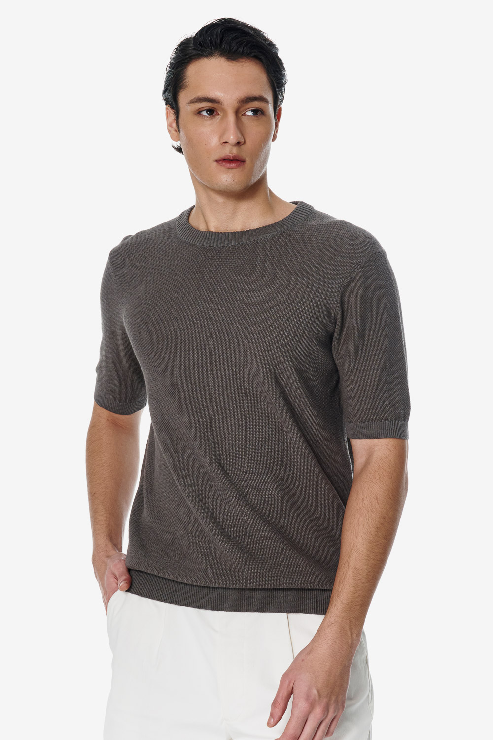 SST&C Dark Gray Cotton-Linen Blend Textured Crew Neck Knit | 00192503002_0