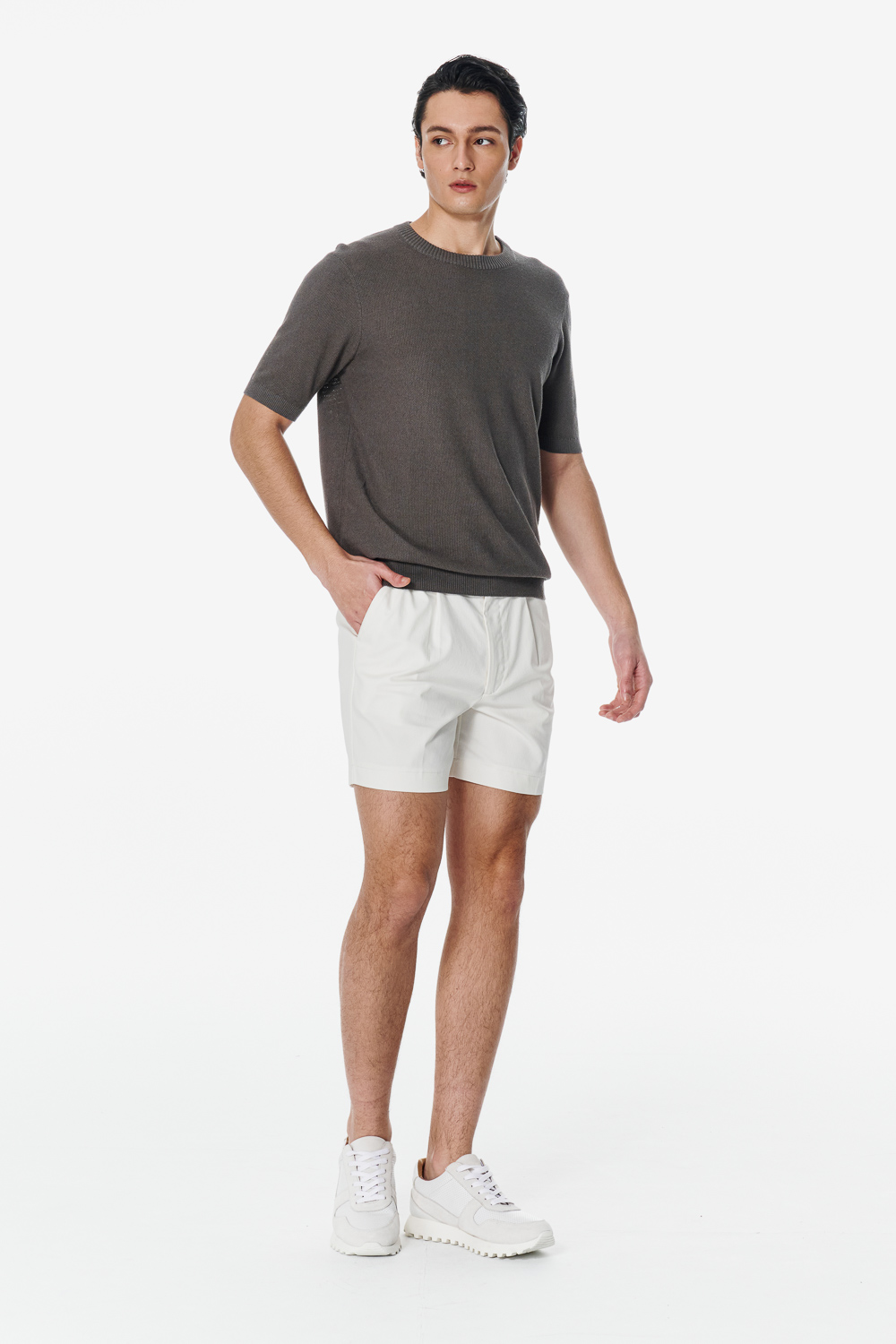 SST&C Dark Gray Cotton-Linen Blend Textured Crew Neck Knit | 00192503002_1