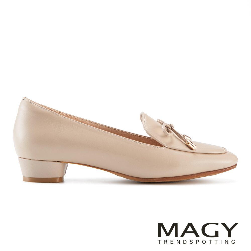MAGY 牛皮細帶蝴蝶結樂福粗低跟鞋 裸色 #15277