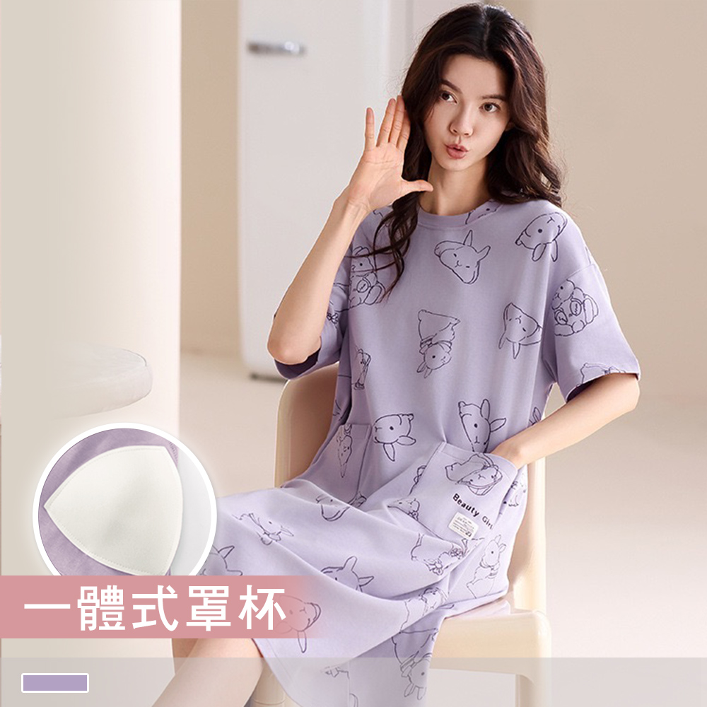 純棉連身睡裙【罩杯式】邦尼樂園 印花圓領外穿短袖睡衣 居家服 55109_0