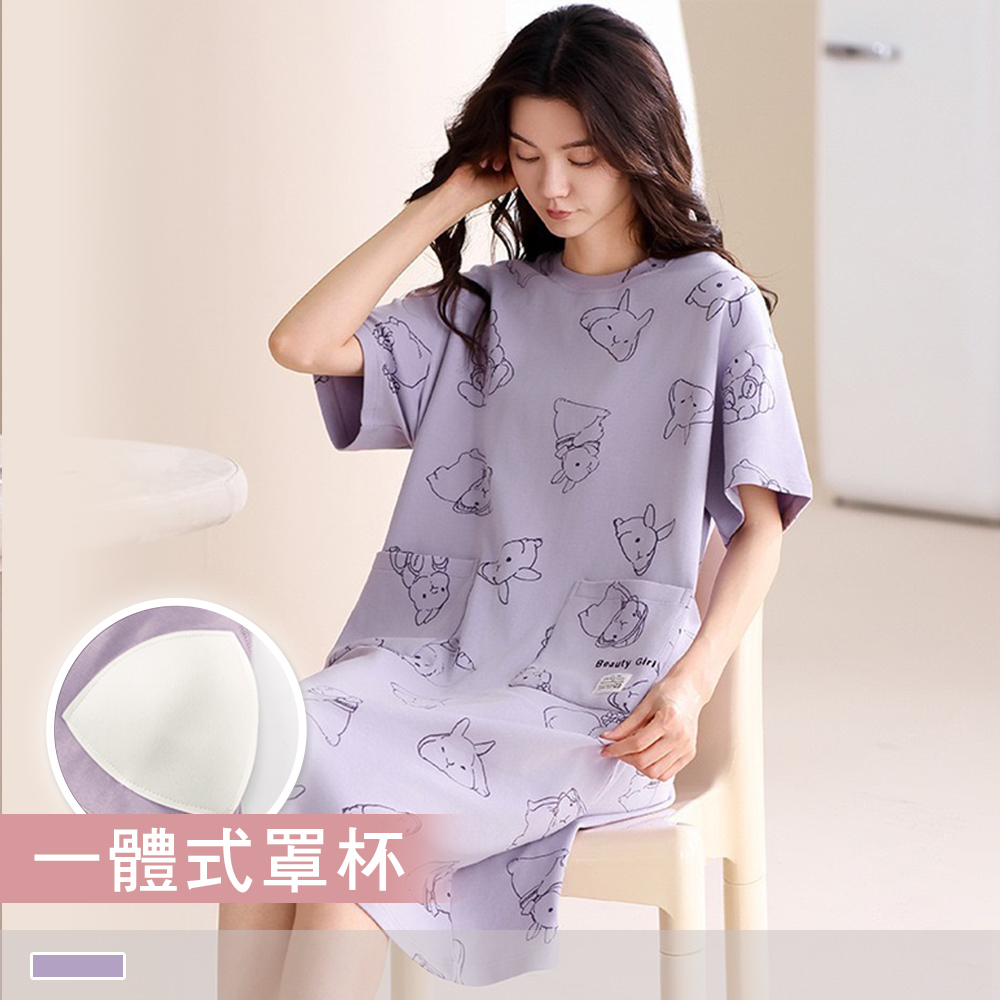 純棉連身睡裙【罩杯式】邦尼樂園 印花圓領外穿短袖睡衣 居家服 55109_1