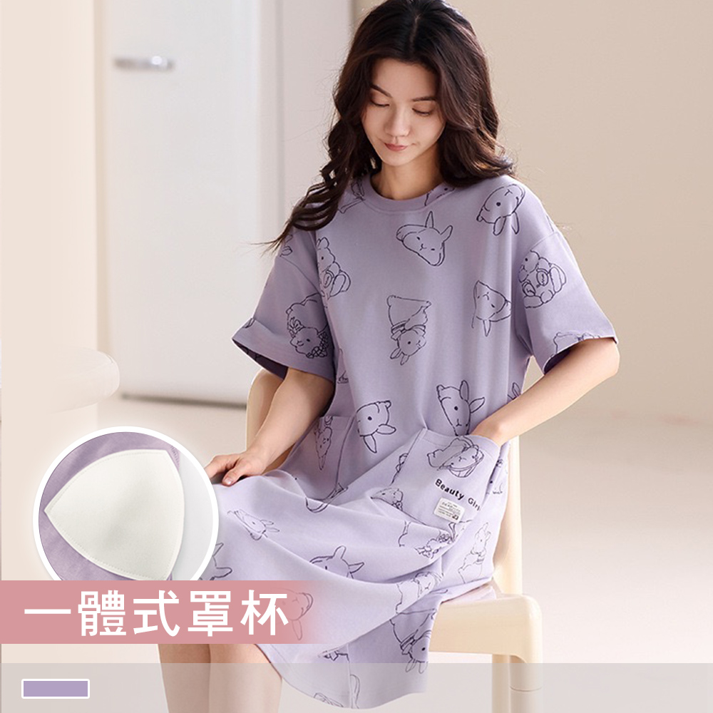 純棉連身睡裙【罩杯式】邦尼樂園 印花圓領外穿短袖睡衣 居家服 55109_2
