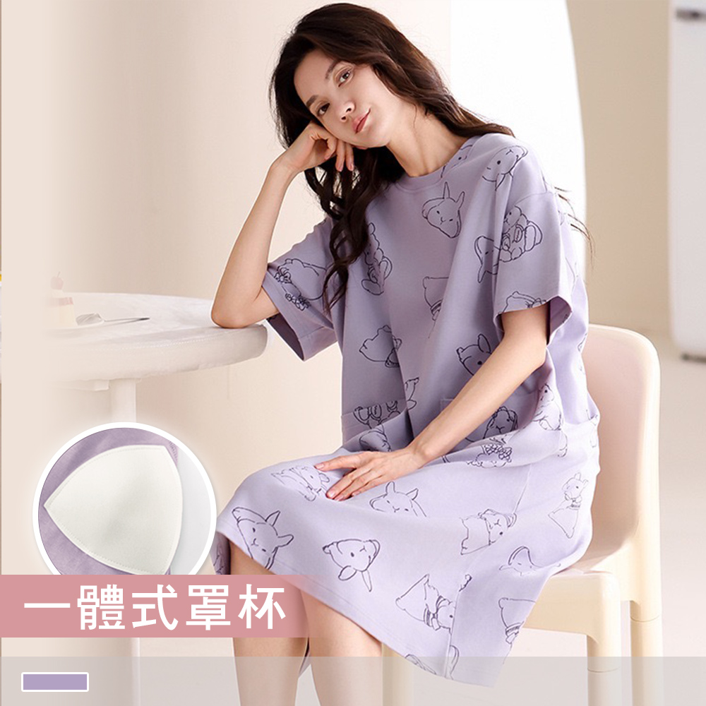 純棉連身睡裙【罩杯式】邦尼樂園 印花圓領外穿短袖睡衣 居家服 55109_3