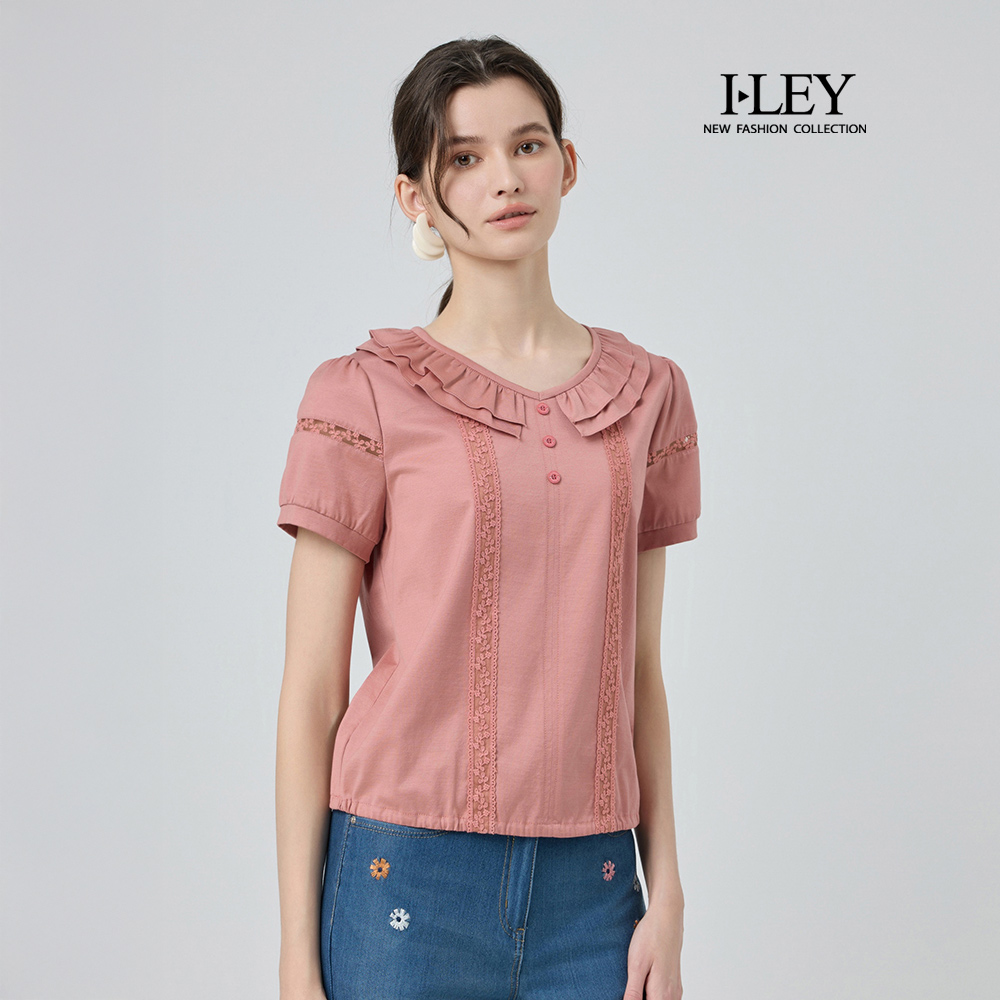ILEY伊蕾 蕾絲裝飾帶造型絲光棉上衣(粉；M-2L)_0