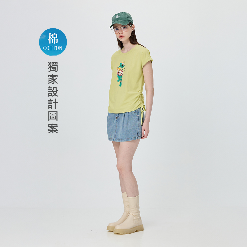 OUWEY歐薇 連肩反摺袖側抽褶棉質圖案T(芥黃；S-L)_1