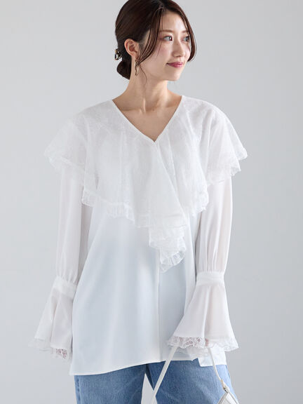 典雅蕾絲領片造型糖果袖襯衫/上衣(0F000580310) - Te chichi