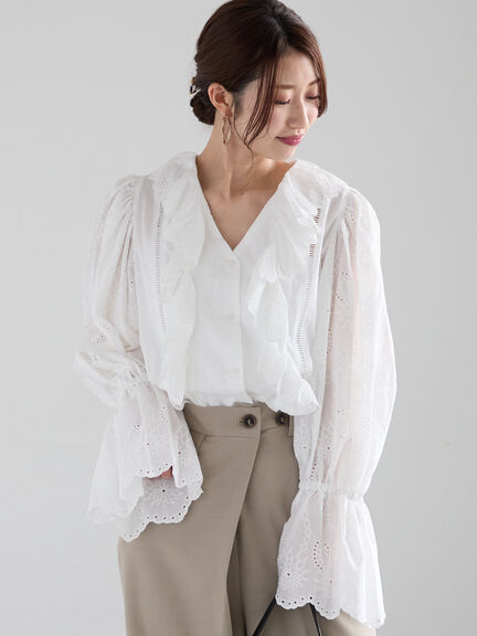 精緻蕾絲刺繡荷葉造型糖果袖襯衫/上衣(0F000580410) - Te chichi