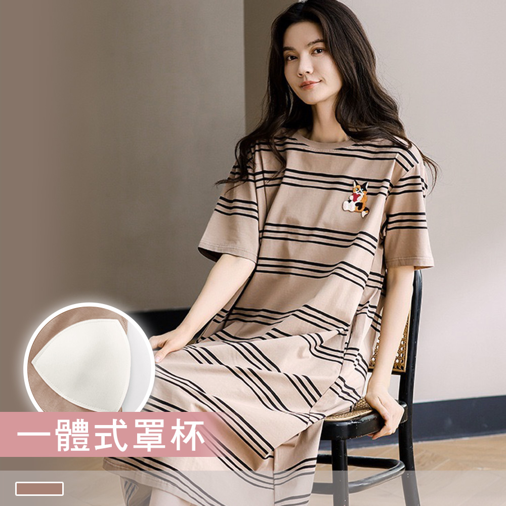 純棉連身睡裙【罩杯式】條紋貓貓 印花圓領外穿短袖睡衣 居家服 55116_0