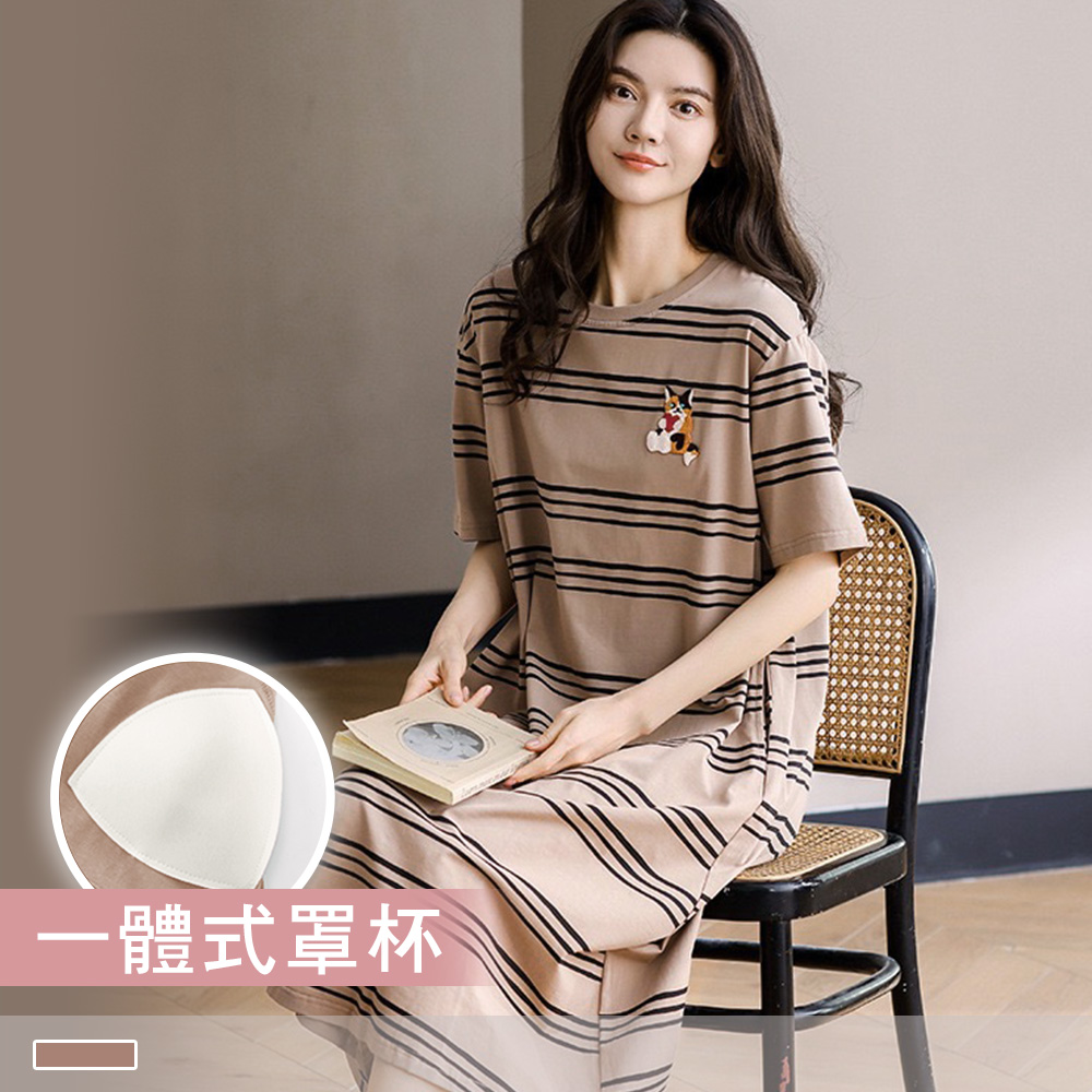 純棉連身睡裙【罩杯式】條紋貓貓 印花圓領外穿短袖睡衣 居家服 55116_1
