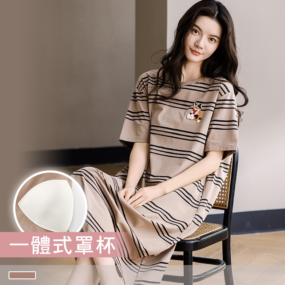 純棉連身睡裙【罩杯式】條紋貓貓 印花圓領外穿短袖睡衣 居家服 55116_2