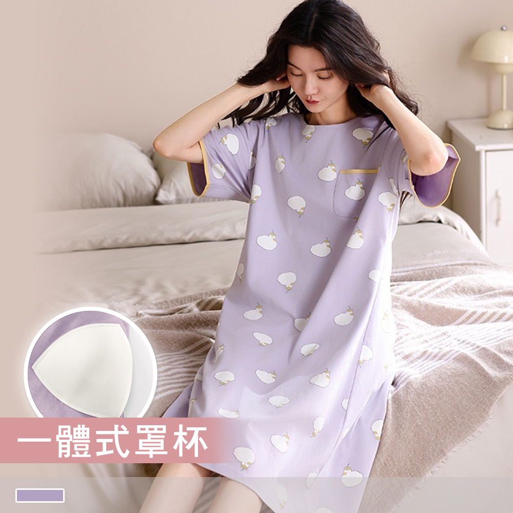 純棉連身睡裙【罩杯式】雛菊小鴨 印花圓領外穿短袖睡衣 居家服 55113_0