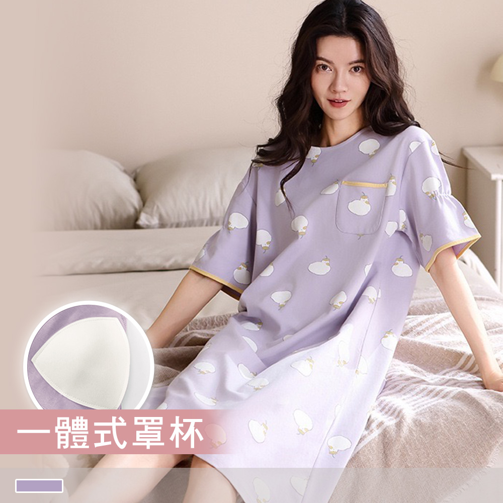 純棉連身睡裙【罩杯式】雛菊小鴨 印花圓領外穿短袖睡衣 居家服 55113_2