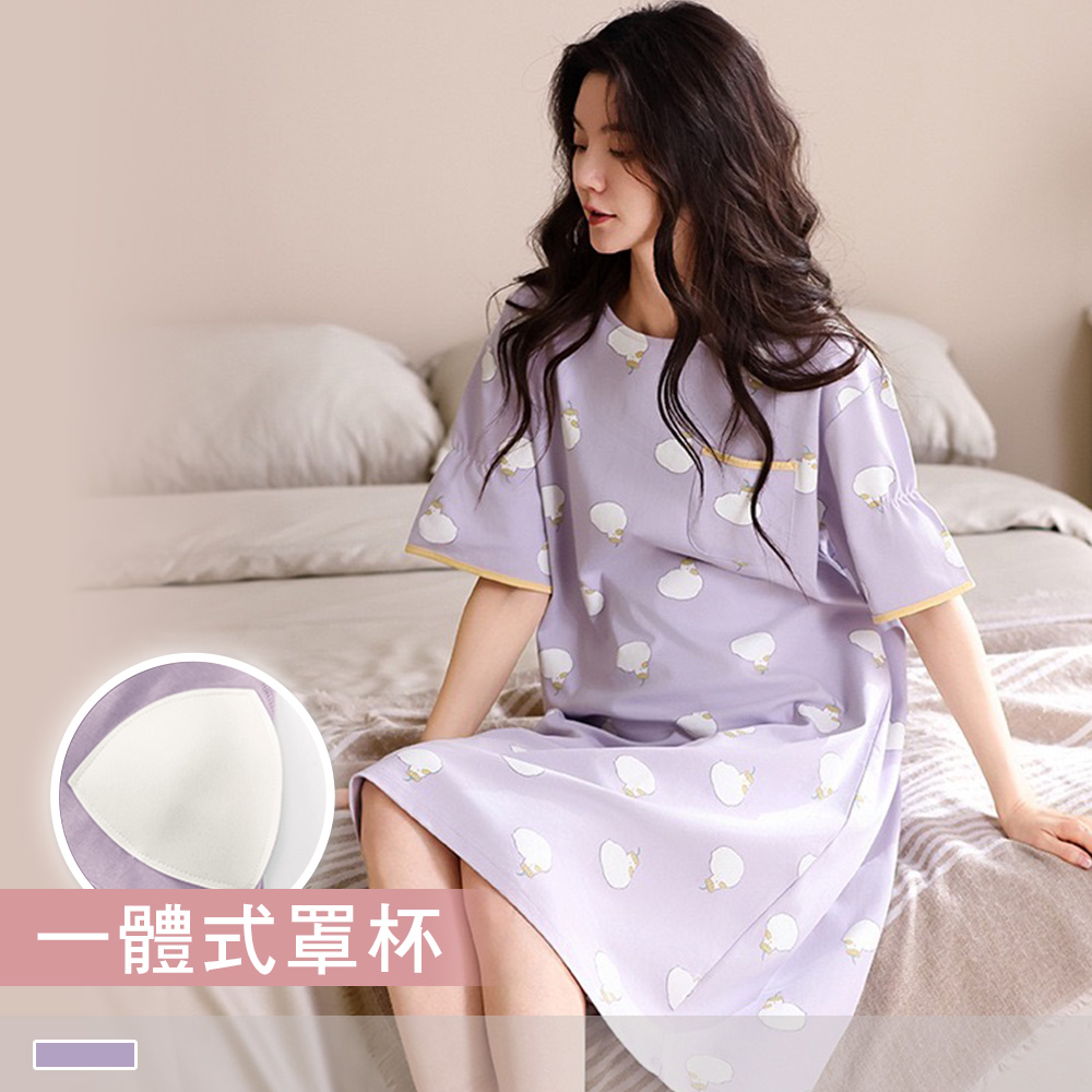 純棉連身睡裙【罩杯式】雛菊小鴨 印花圓領外穿短袖睡衣 居家服 55113_3