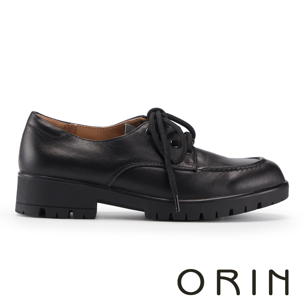 ORIN 真皮素面綁帶厚底樂福鞋 黑色 #25153