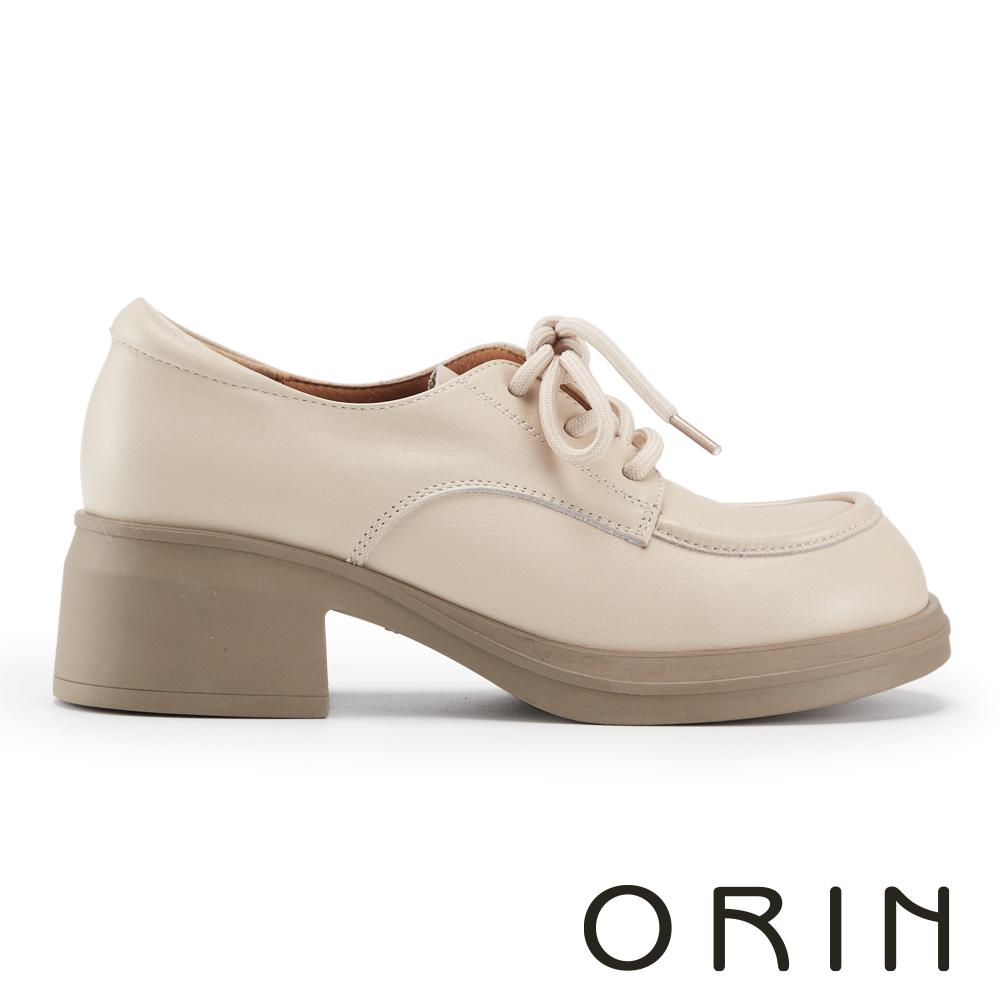 ORIN 學院風真皮綁帶厚底樂福鞋 米色 #25155