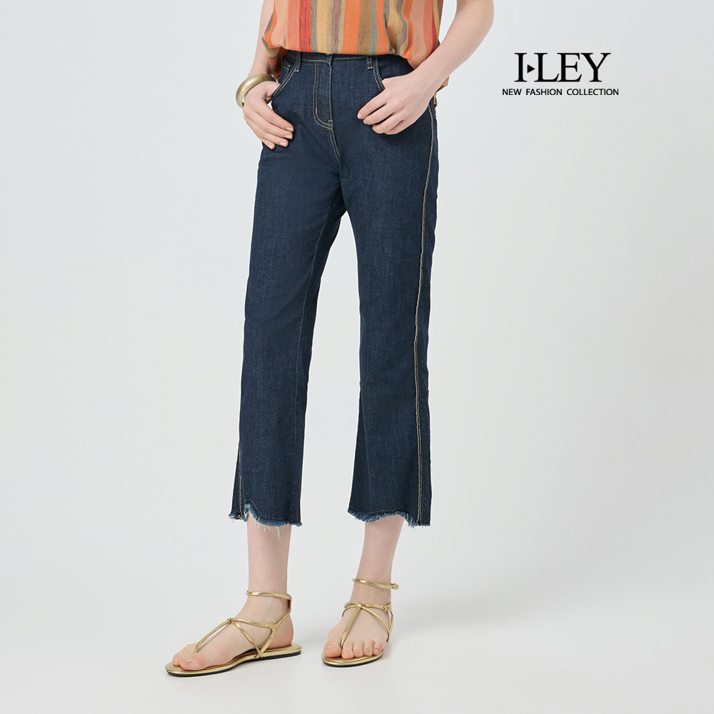 ILEY伊蕾 褲腳抽鬚微喇棉質牛仔褲(深藍；M-XL)_0