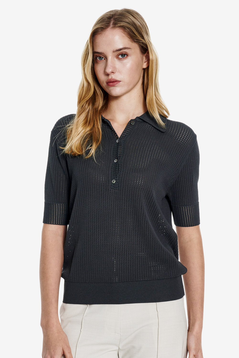 SST&C Phantom Grey Hollow-Out Polo Collar Short-Sleeve Knit Top | 01192503002_0