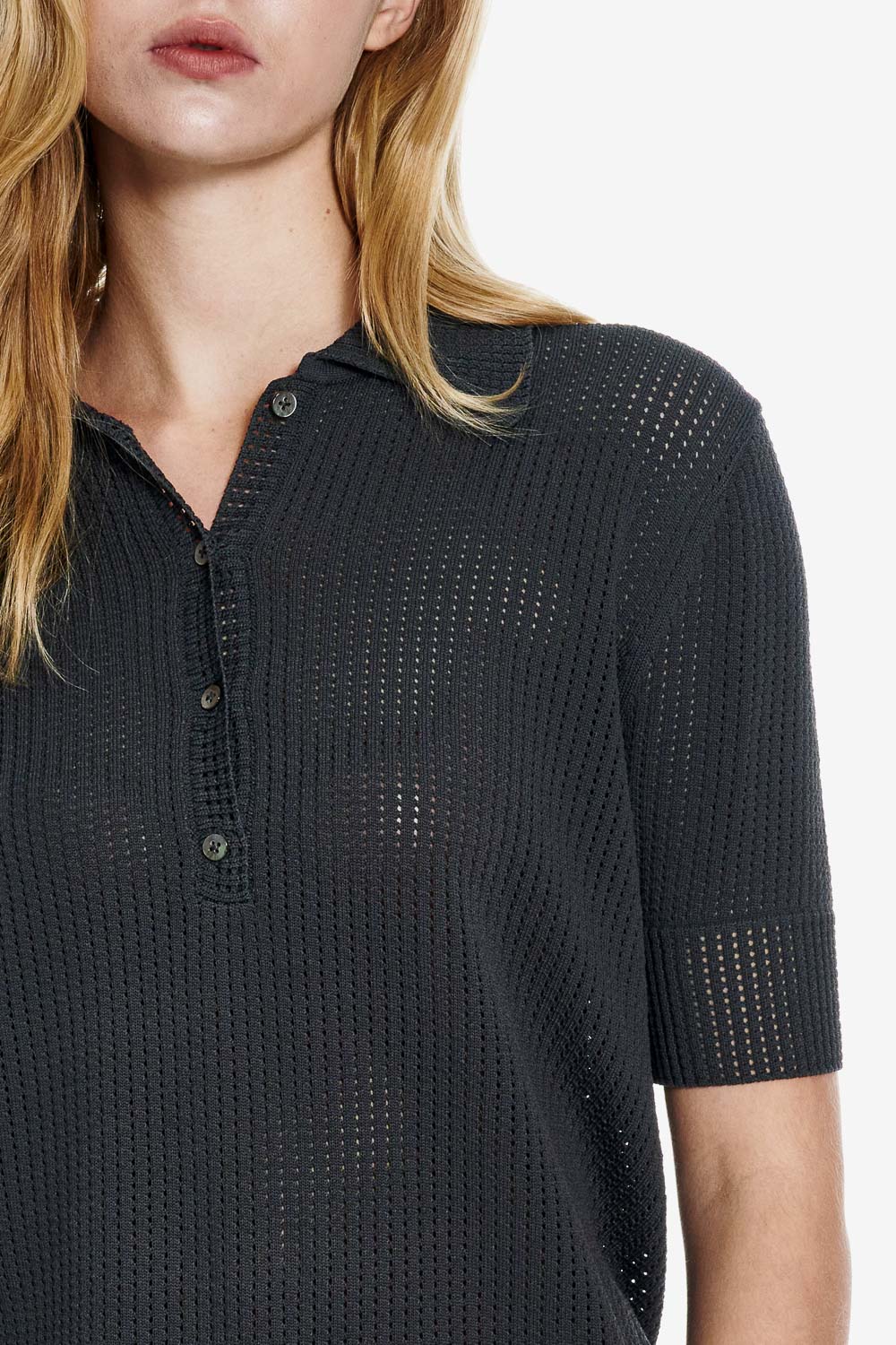 SST&C Phantom Grey Hollow-Out Polo Collar Short-Sleeve Knit Top | 01192503002_3