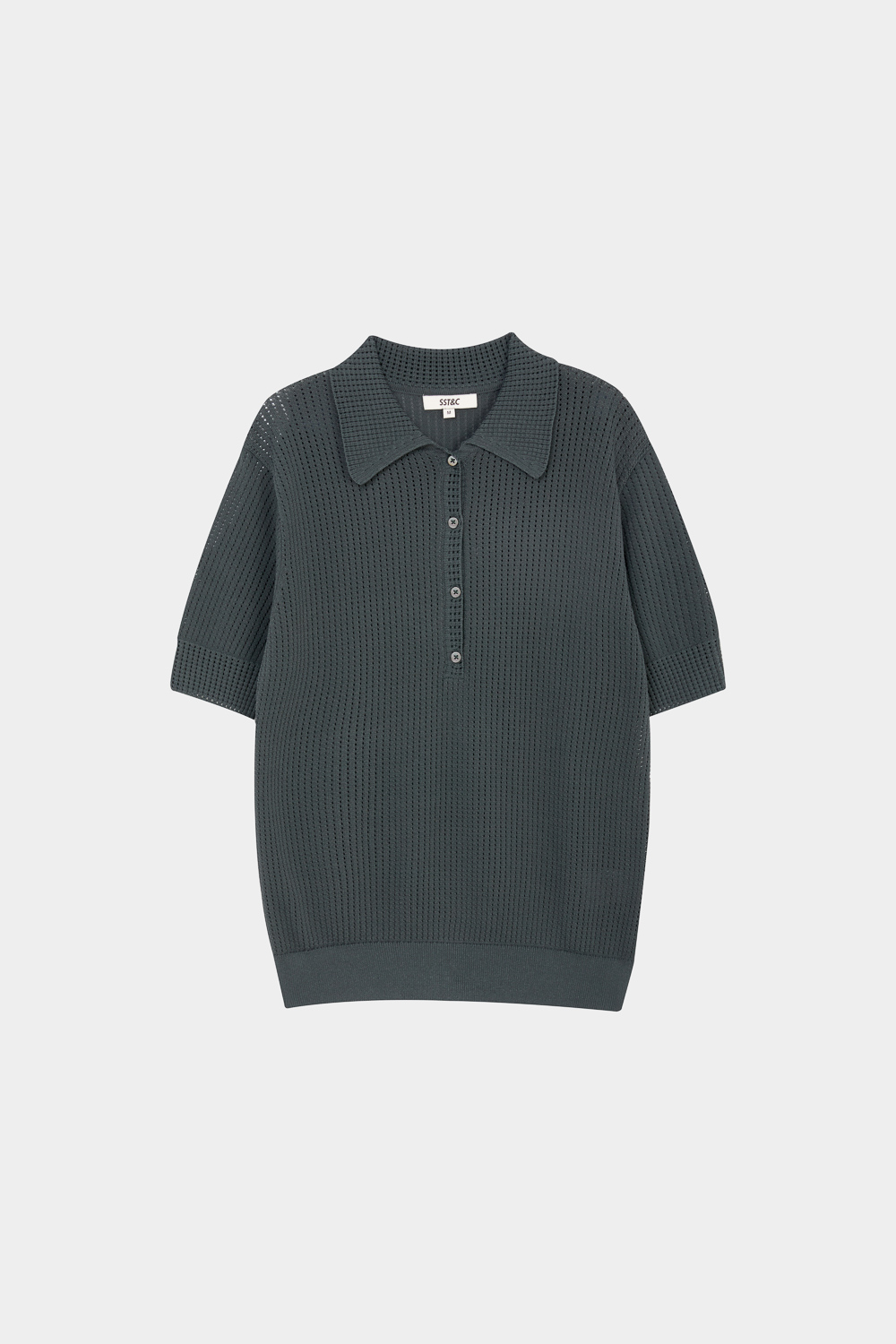 SST&C Phantom Grey Hollow-Out Polo Collar Short-Sleeve Knit Top | 01192503002_4