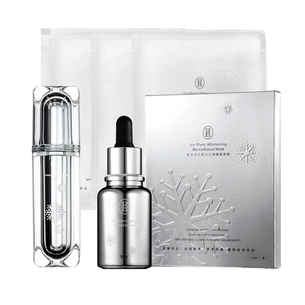 光感雪鑽組〈全能肌萃30ml*1+鑽白凝乳30ml*1+冰花生物纖維面膜3片〉_0