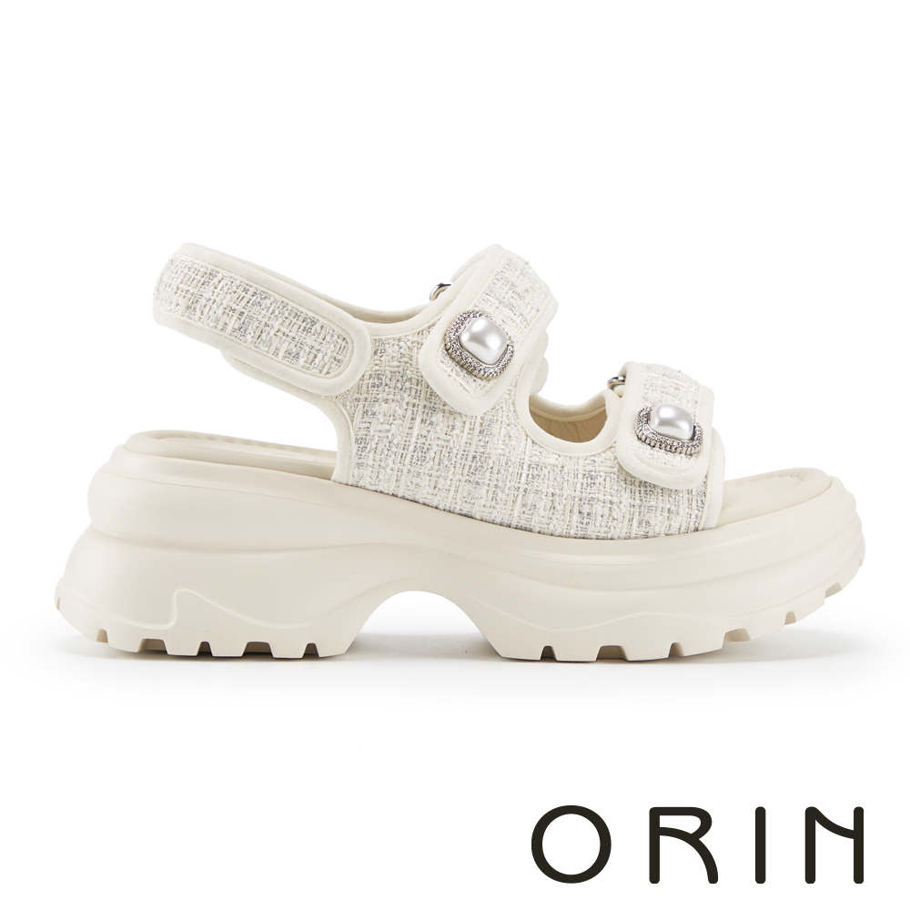 ORIN 珍珠鑽飾雙寬帶厚底涼鞋 米色 #25315