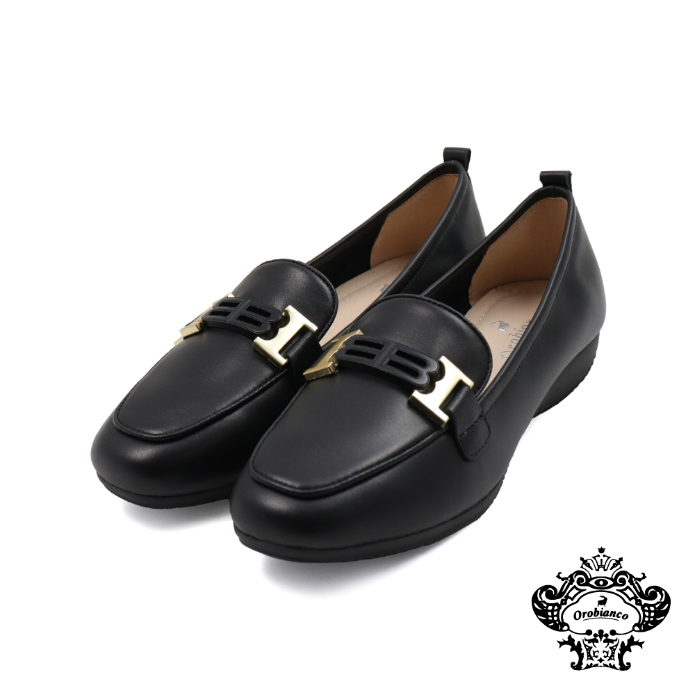【Orobianco】經典金屬釦飾淑女平底樂福鞋 黑色(OR531153W-BL)