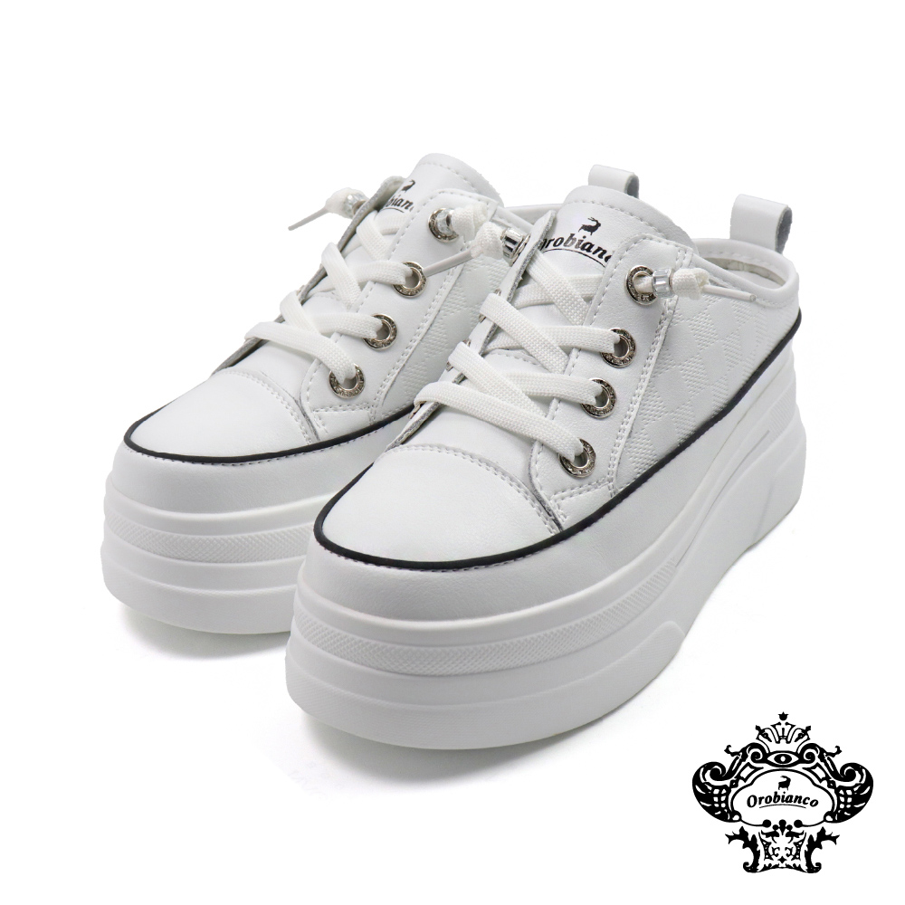 【Orobianco】皮質方格壓紋造型厚底增高休閒鞋 白色(OR545005W-WH)