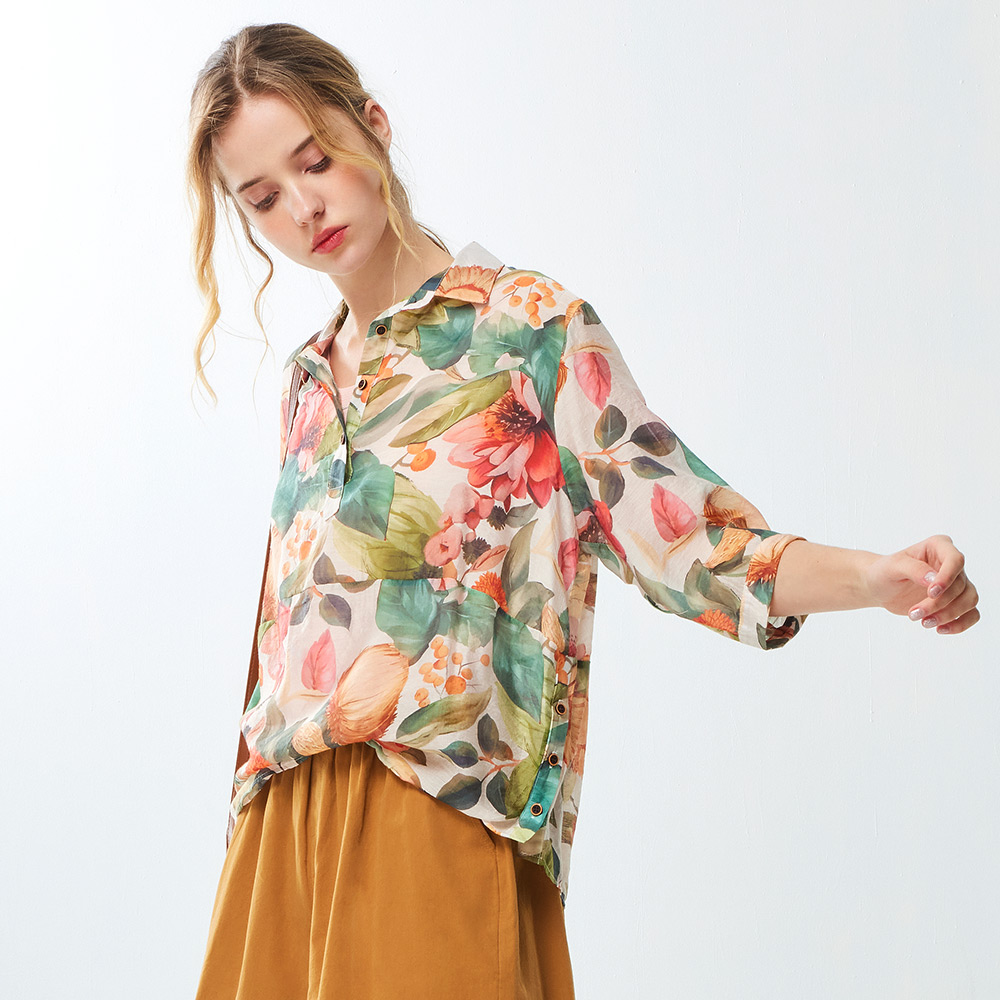NEW∎熱帶花葉繭型小翻領上衣_花色【MON'S 流行服飾】_0