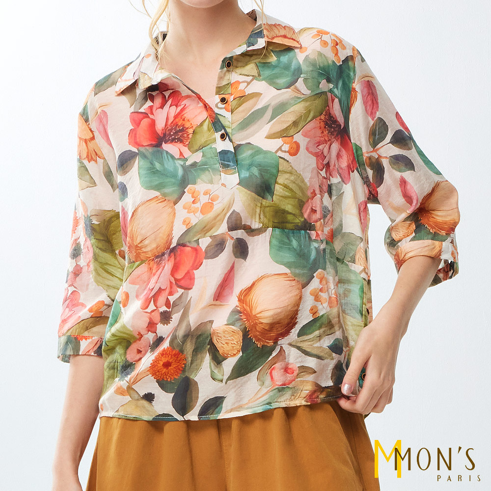 NEW∎熱帶花葉繭型小翻領上衣_花色【MON'S 流行服飾】_2