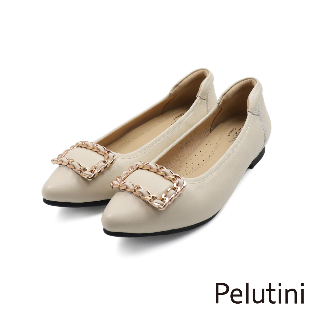 【Pelutini】方形金屬鍊造型尖頭娃娃鞋 白色(531149W-IV)