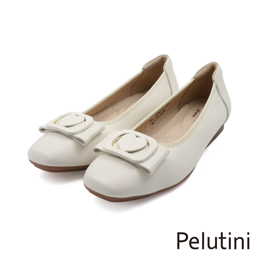 【Pelutini】愛心造型方釦平底娃娃鞋 白色(531150W-WH)