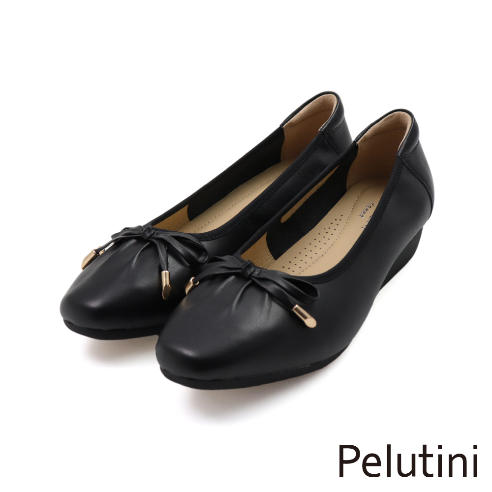 【Pelutini】抓皺蝴蝶結造型平底增高娃娃鞋 黑色(531151W-BL)