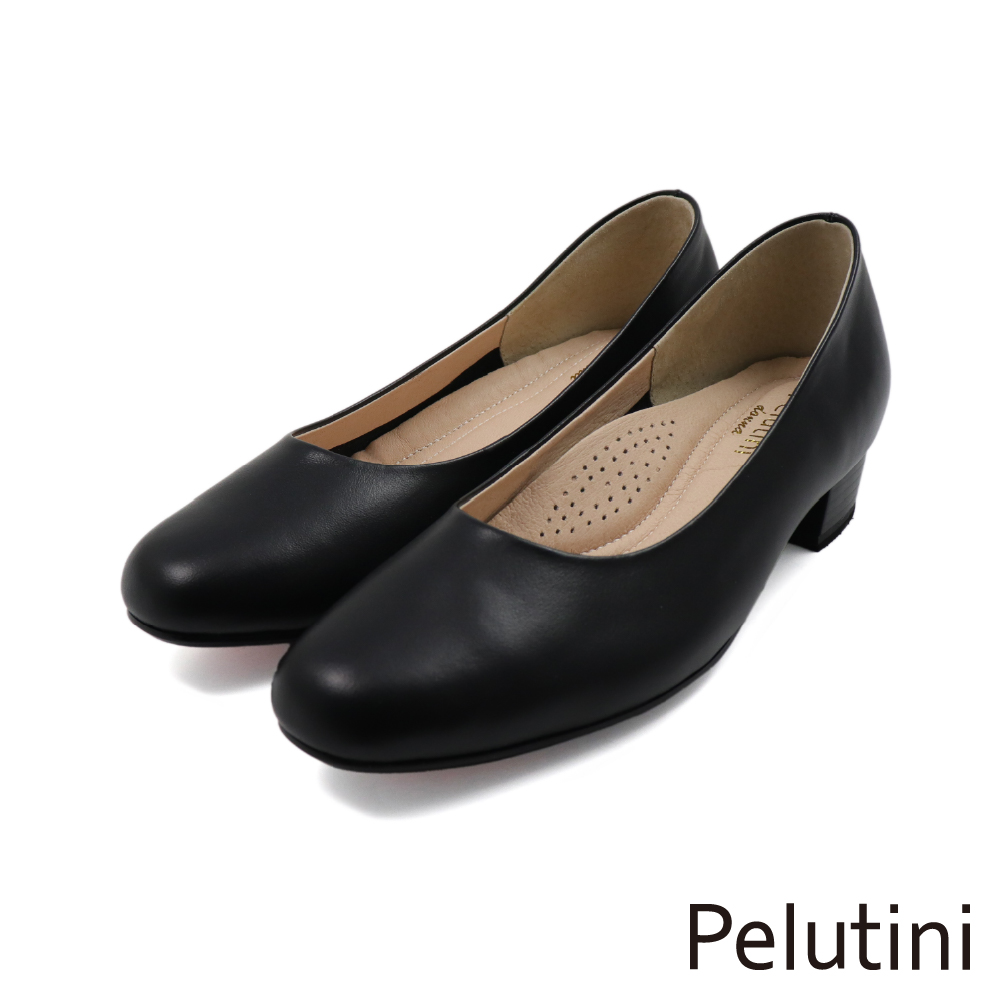 【Pelutini】經典素面圓頭低跟淑女鞋 黑色(PE1005W-BL)