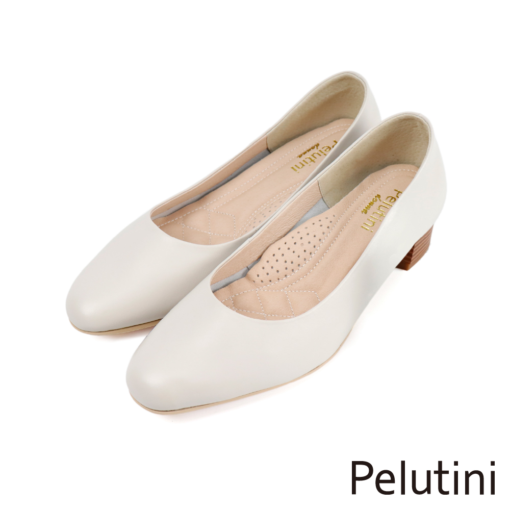 【Pelutini】經典素面圓頭低跟淑女鞋 白色(PE1005W-IV)