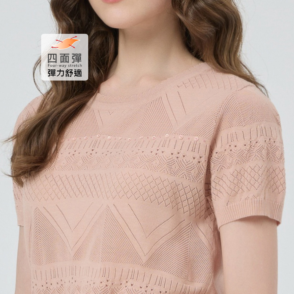 ILEY伊蕾 亮片縷空萊賽爾針織上衣(淺粉；M-XL)_2