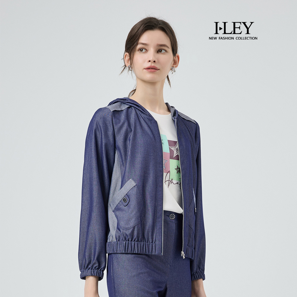 ILEY伊蕾 緞面光澤縲縈連帽牛仔外套(藍；M-XL)_0